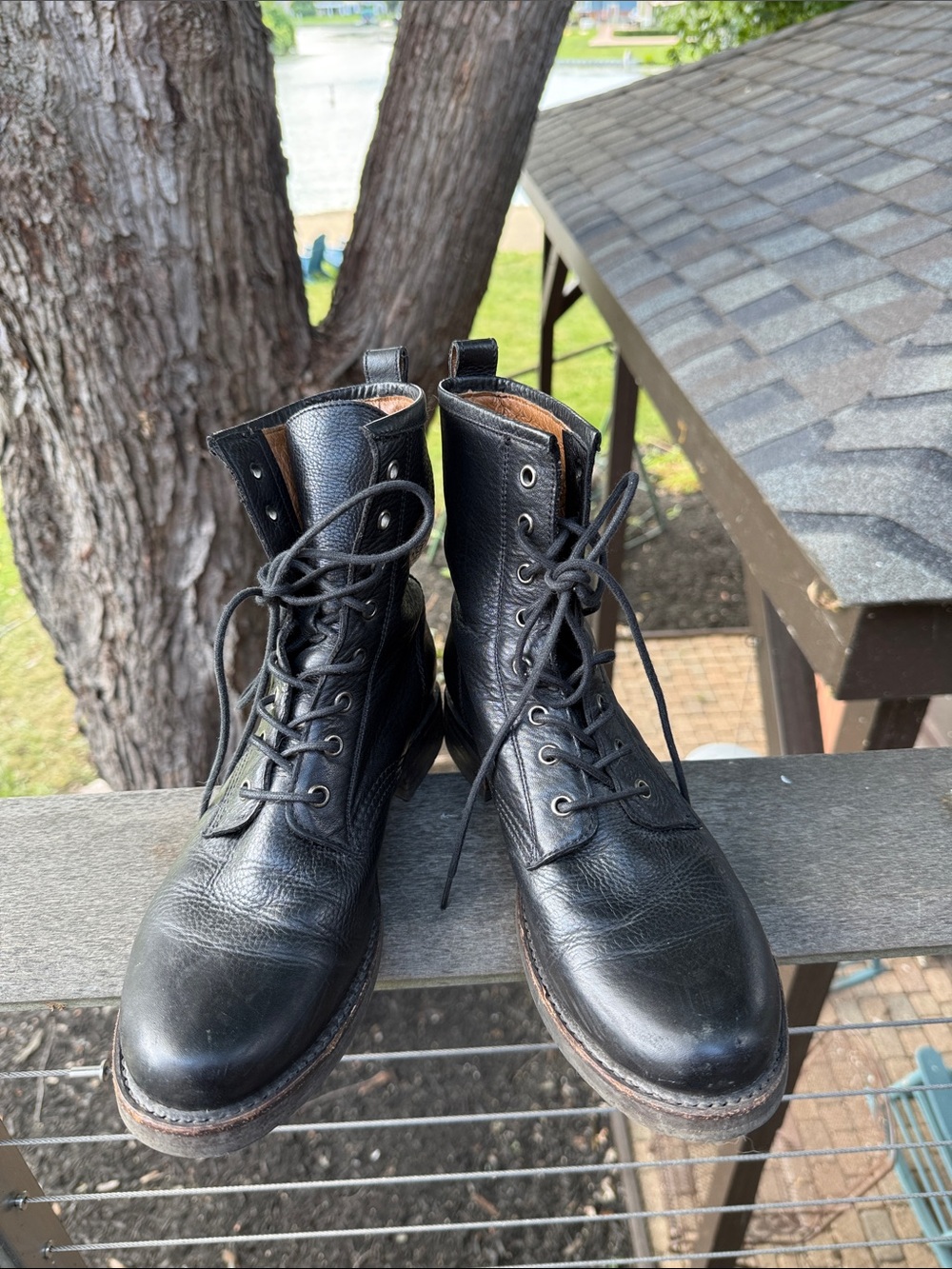 Frye Black Leather Lace-Up Combat Boots